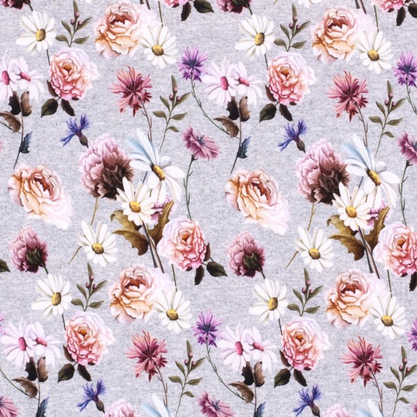 Sweat Shirt Stoff Digitaldruck Blumen, grau