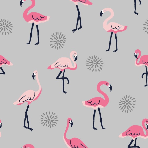 Baumwolljersey bedruckt Flamingos, hellgrau