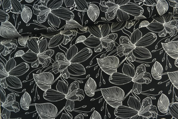 Viskosestoff Blumenmuster, schwarz