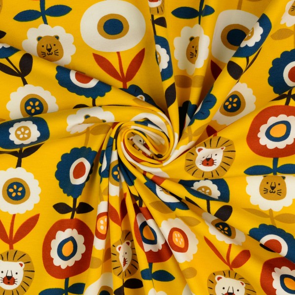Baumwolljersey gemustert, Löwenblumen, ocker