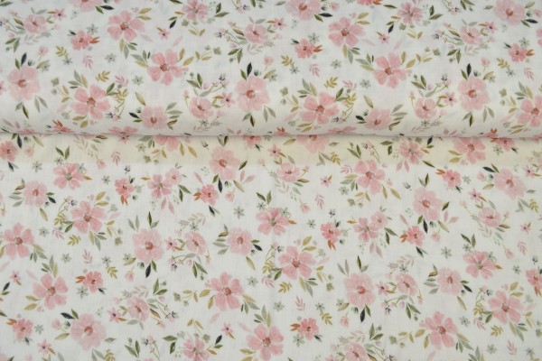 Baumwoll Musselin Double Gauze Digitaldruck Blumen, rosa